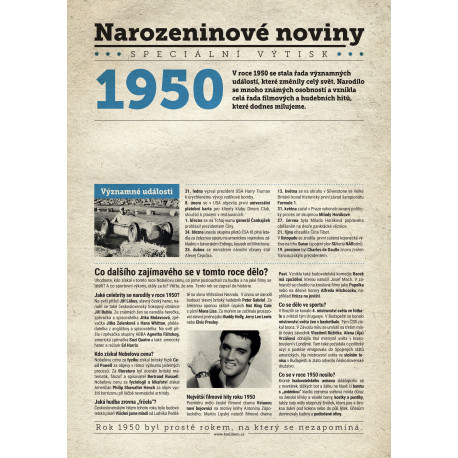 Narozeninové noviny 1950 s vlastním textem a fotografií